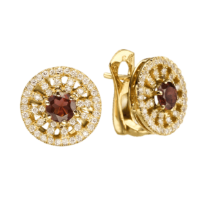 עגילי אבן גארנט 1.10 קראט, זהב-צהוב 14 קראט, משובצים יהלומים