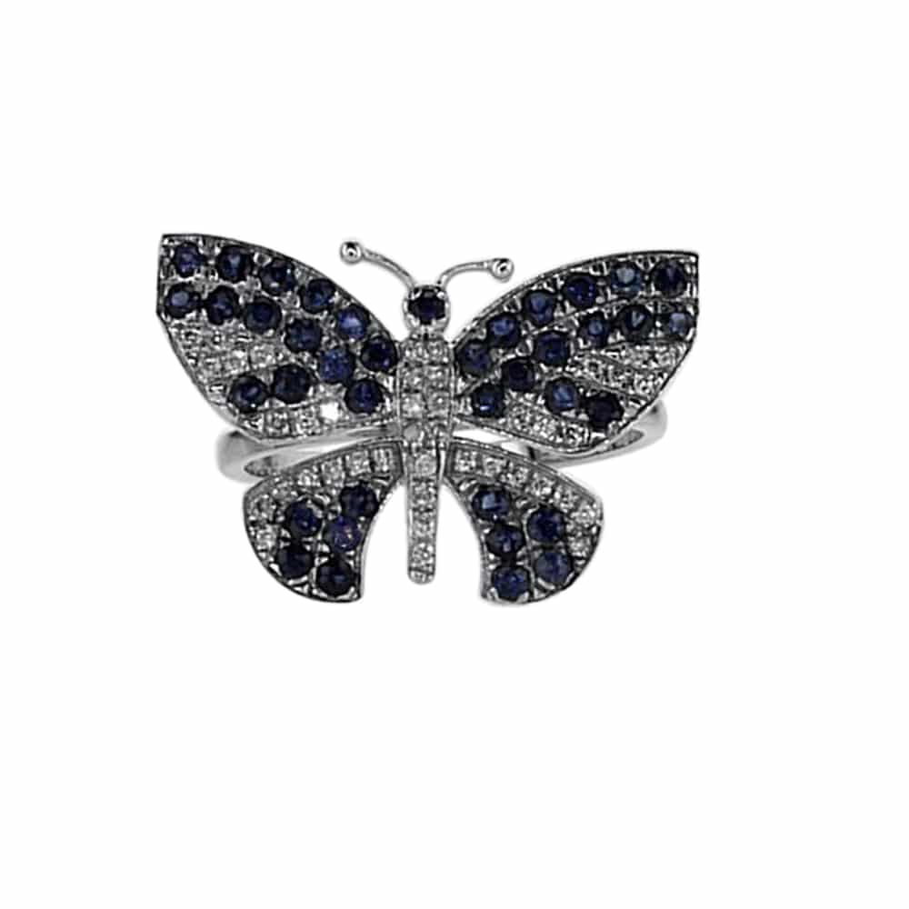 0.87ct Sapphire and Diamonds, Butterfly ShapeRing, 14K White Gold