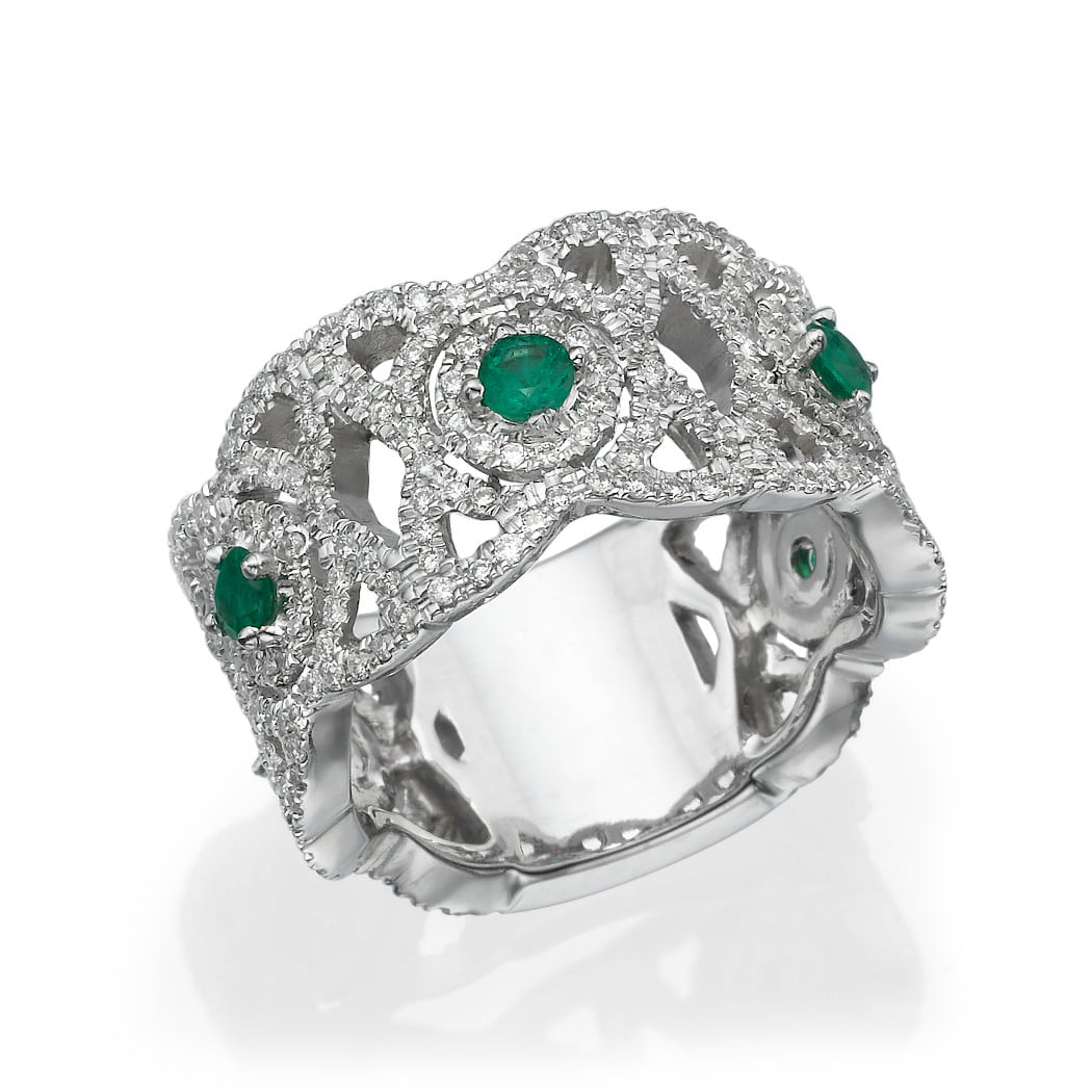 0.48ct Colombian Emerald Gems and Diamonds Ring, 18K White Gold