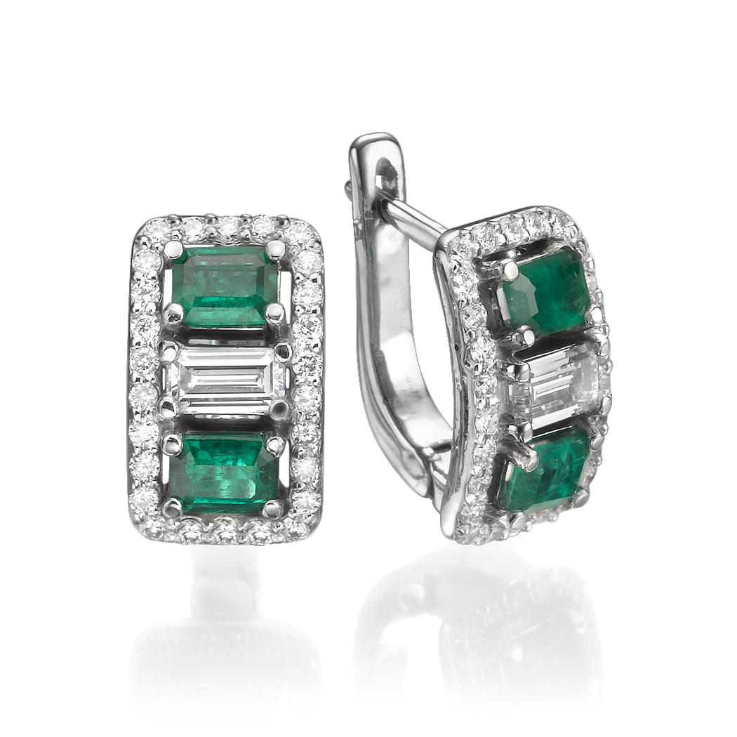 0.70ct Emerald and Diamonds Earrings, 18K White Gold
