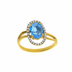 טבעת טופז-כחול 1.57 קראט, זהב-צהוב 14 קראט, משובצת יהלומים