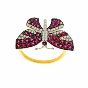 0.83ct Ruby and Diamonds, Butterfly Shape, Ring, 14K Yellow Gold