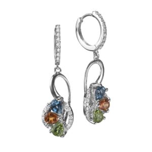 עגילי אבני טופז-כחול, ספיר ופרידוט 1.75 קראט, זהב-לבן 18 קראט, משובצים יהלומים