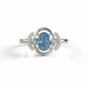 טבעת טופז-כחול 1.20 קראט, זהב-לבן 14 קראט, משובצת יהלומים
