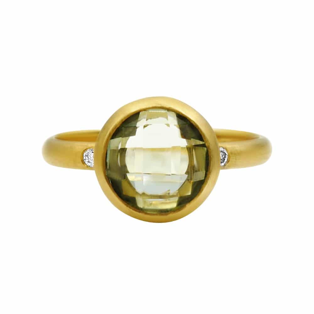 14k Yellow Gold Ring set with Green Amethyst and Diamonds