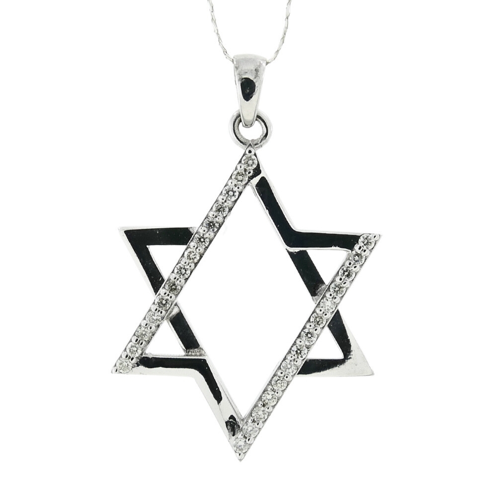 18K White Gold Jewish Star of David Pendant with Natural Diamonds and Blue  Sapphire Gems